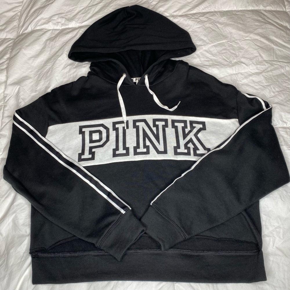 PINK Victoria’s Secret Cropped Hoodie Black White Size S NWT